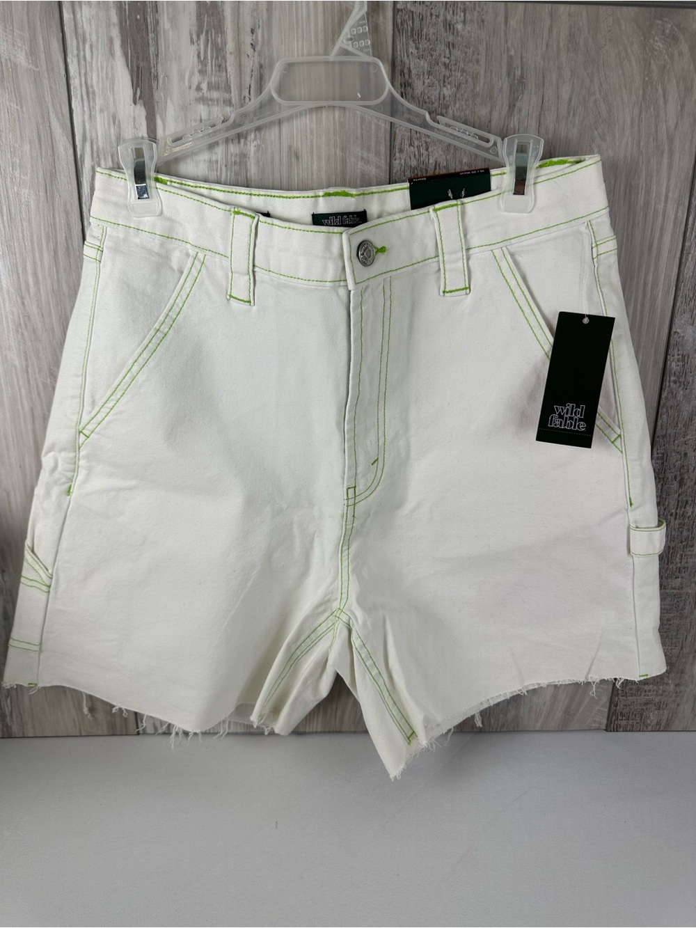 White High-Rise Denim Shorts with Green Stitching -10